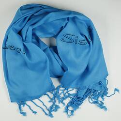 Blue scarf with tassels.