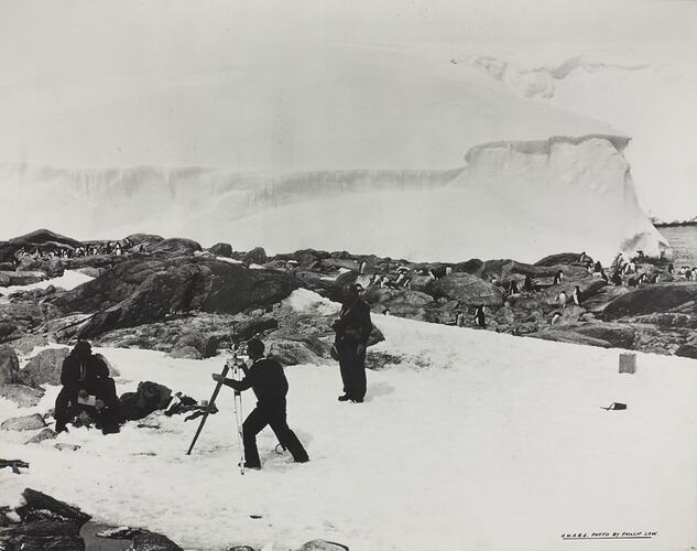 Three Men Surveying Landscape, The Australian National Antarctic Research Expedition (ANARE), Antarctic, circa 1950 - 1960