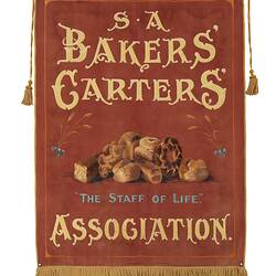 Baked goods and breads with red background. Text above and below. Fringed lower edge.