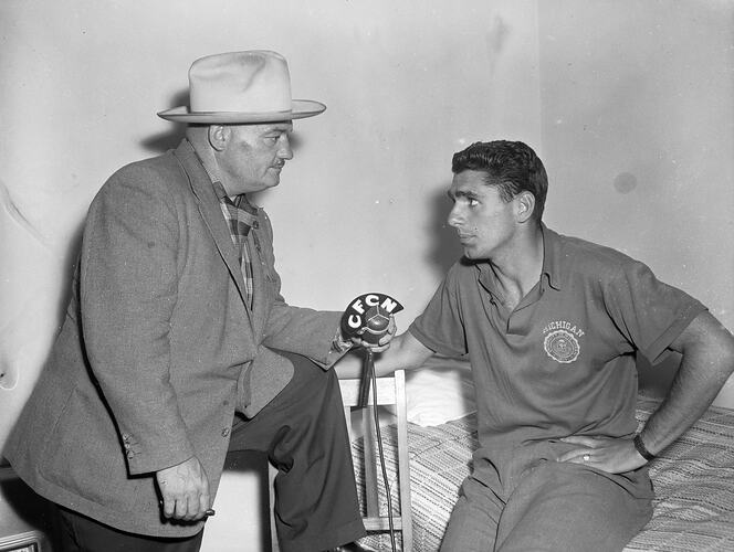Radio Commentator with an American Athlete, Olympic Village, Heidelberg West, Victoria, 1956