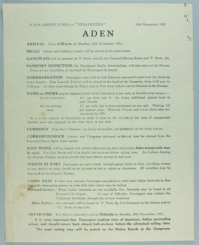 Notice - 'Aden', SS Stratheden, 19 Nov 1961