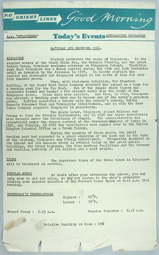 Information Sheet - P&O SS Stratheden, 'Today's Events', Approaching Singapore, 2 Dec 1961