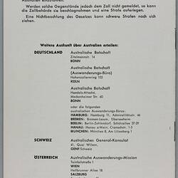 Booklet - 'Wissenswertes uber Zollbestimmungen in Australien', Commonwealth of Australia, Jul 1958