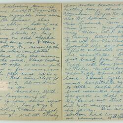 Open book, 2 cream pages with faint grid pattern. Cursive handwritten text in blue ink. Page 6 and 7.