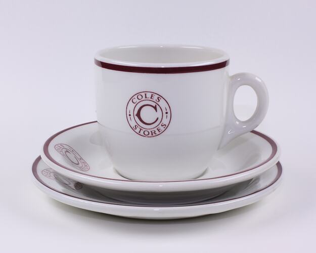 Ceramic cup, saucer, plate with Coles Stores logo.