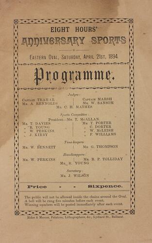 Programme - Eight Hour Day Anniversary Sports, Ballarat, 1894