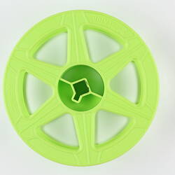 Circular plastic film reel with six spokes.