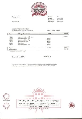 Invoice printed on A4 Mount Buffalo Chalet letterhead.