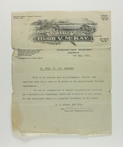 A single sheet of paper with printed letterhead and typewritten text below.