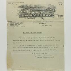 Certificate - Confirmation of Employment by H.V. McKay, Aubrey Lionel Bertram Hampton, 8 May 1922