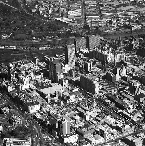 Monochrome aerial photograph of Melbourne.