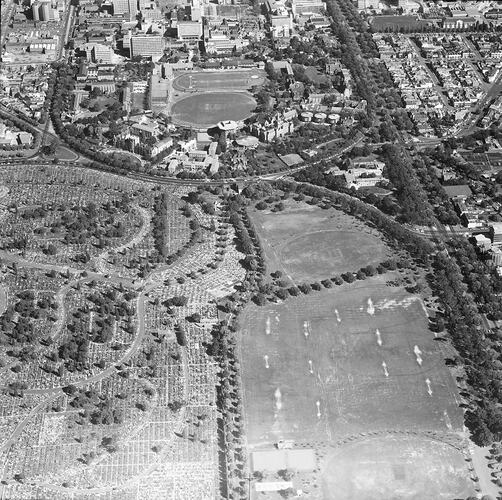 Monochrome aerial photograph of Melbourne.