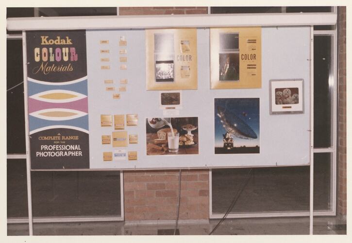 Display panel with film boxes and promotional posters.
