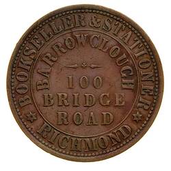 Token - 1 Penny, Myles Barrowclough, Bookseller & Stationer, Richmond, Victoria, Australia, 1862