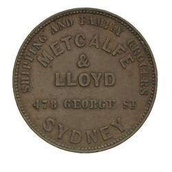 Token - Halfpenny, Metcalfe & Lloyd, Grocers, Wine & Spirit Merchants, Sydney, New South Wales, Australia, 1863