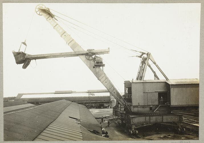 Monochrome photograph of a shovel excavator.