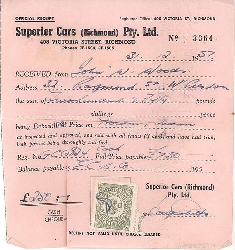 Receipt - Deposit for Holden Sedan, John Woods, West Preston, 31 Dec 1957