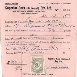 Receipt - Deposit for Holden Sedan, John Woods, West Preston, 31 Dec 1957