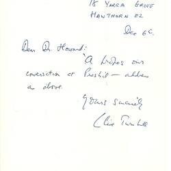 Letter - Clive Turnbull, to Dorothy Howard, Confirmation of Address, 6 Dec 1954