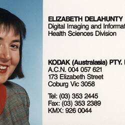 Business Card - Elizabeth Delahunty, Digital Imaging & Info Manager, Health Sciences Division, Kodak Australasia Pty Ltd, circa 1994-1997