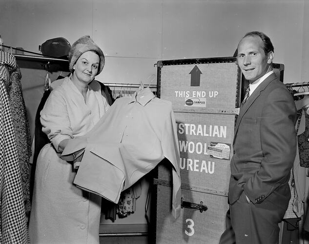 Australian Wool Board, Pair Looking at a Coat, Victoria, 08 Mar 1960