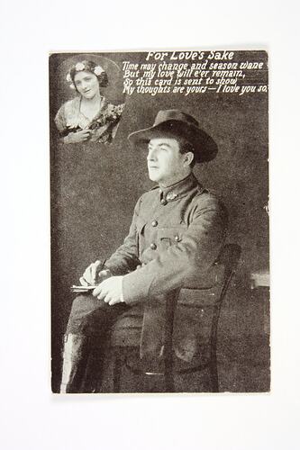 Front of postcard with seated soldier and inset woman.