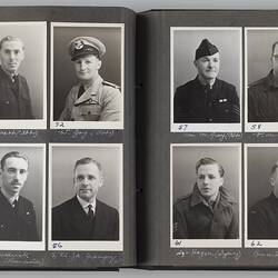 Open photo album with sixteen photographs of men in military uniform.