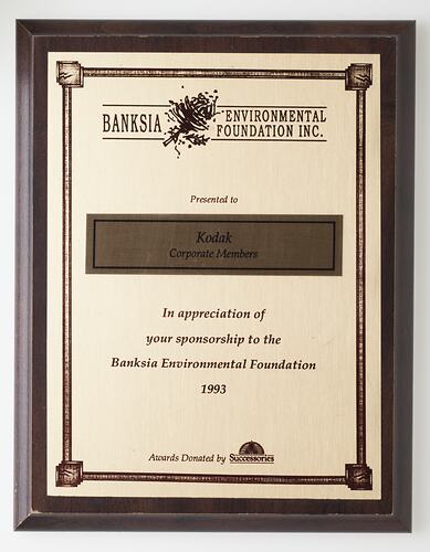 Plaque - Banksia Environmental Foundation Inc., Kodak (Australasia) Pty Ltd