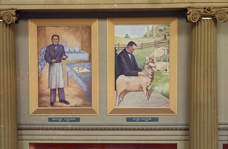 Portraits of Michael Faraday and Louis Pasteur in the Queen's Hall, Science Museum, Melbourne, 1970s
