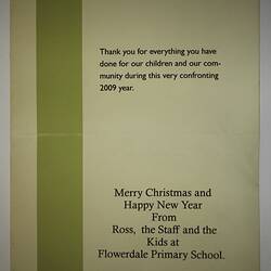 Christmas Card - Flowerdale Primary School to Peter Auty, Dec 2009