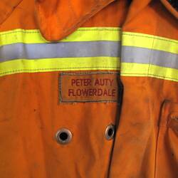 Detail of CFA Jacket, worn by Peter Auty, Flowerdale, 2002-2009.