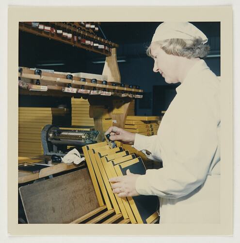 Slide 170, 'Extra Prints of Coburg Lecture', Worker Date Stamping Product Packaging, Kodak Factory, Coburg, circa 1960s