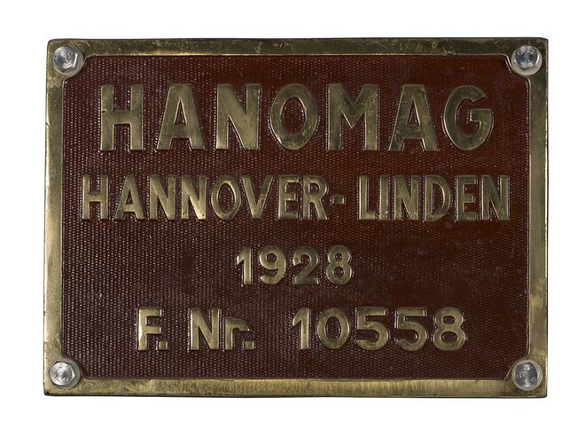 Locomotive Builders Plate - Hanomag, Hannover, Germany, 1927