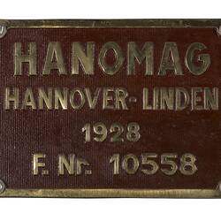 Locomotive Builders Plate - Hanomag, Hannover, Germany, 1928