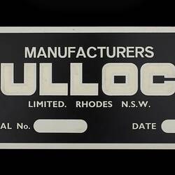 Locomotive Builders Plate - Tulloch Ltd, Rhodes, New South Wales