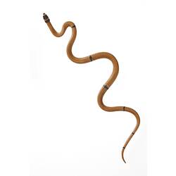 Cast model of brown snake with black markings on head.