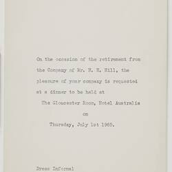 Invitation - Kodak Australasia Pty Ltd, Mr H.H. Hills Retirement Dinner, Sydney, 01 Jul 1965