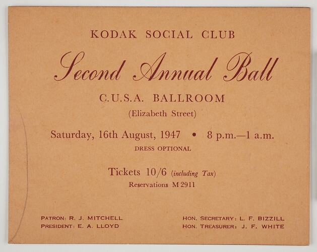 Invitation - Kodak Australasia Pty Ltd, 'Second Annual Ball', Sydney, 16 August 1947