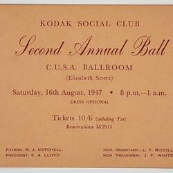 Invitation - Kodak Australasia Pty Ltd, Kodak Social Club, 'Second Annual Ball', Sydney, 16 Aug 1947