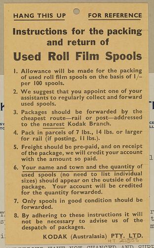 Leaflet - 'Used Roll Film Spools'