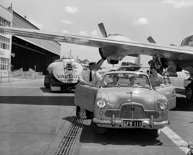 Australian National Airways Pty Ltd, Airline Workers with a Ford Zephyr Motor Car, Essendon Airport, Essendon, Victoria, 1956