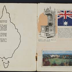 Card album, open, printed text, colour landmark pictures and Australian flag.