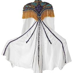 White costume cloak with gold and coloured detailed top section. Flared.