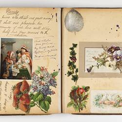 Open scrapbook showing 2 pages of inscriptions and illustrations, portraits and mostly floral motifs.