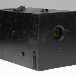 Black wooden box camera.