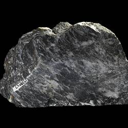 White and black striated rock with handwritten number.