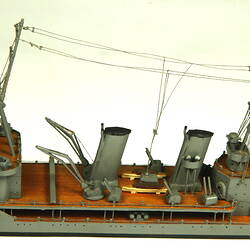 Naval ship with two masts, detail of centre of deck.