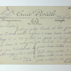 Printed back of postcard with handwriting.