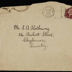 Envelope - Letter,  Lucy Simmons, Thundersey, Essex To Stanley Hathaway, Coventry, Jul 1938