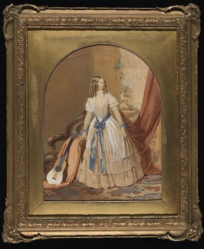 Teenage girl in white dress with elbow length sleeves, blue waist sash and layered skirt. Ornate golden frame.